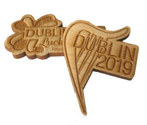 Laser cut pins for Dublin 2019